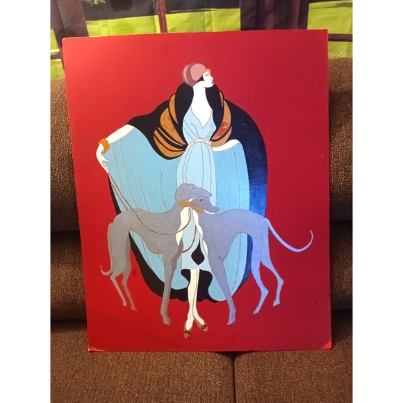 Vintage Art Deco Style Painting Woman with Greyhounds 28x22 Board - Picture 1 of 5